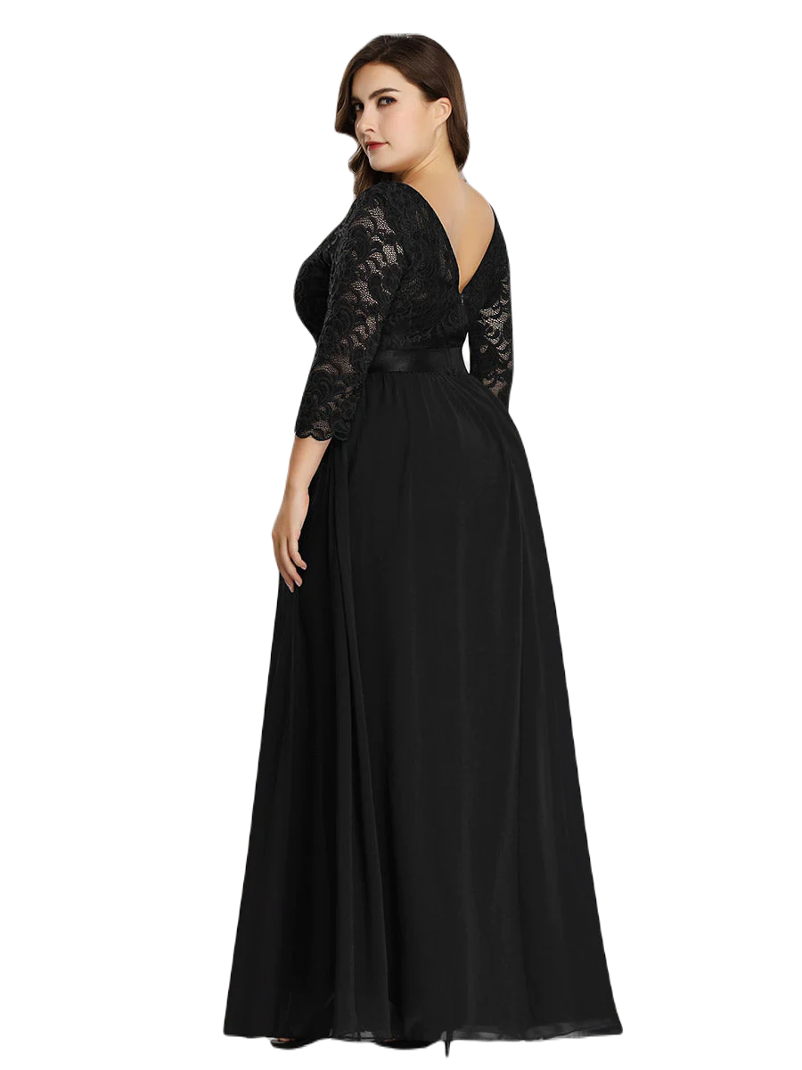 Vestido Elegante de Fiesta Largo Curvy Negro con Encaje Cuello Redondo Manga 3/4 T.Ch y Tallas Extra