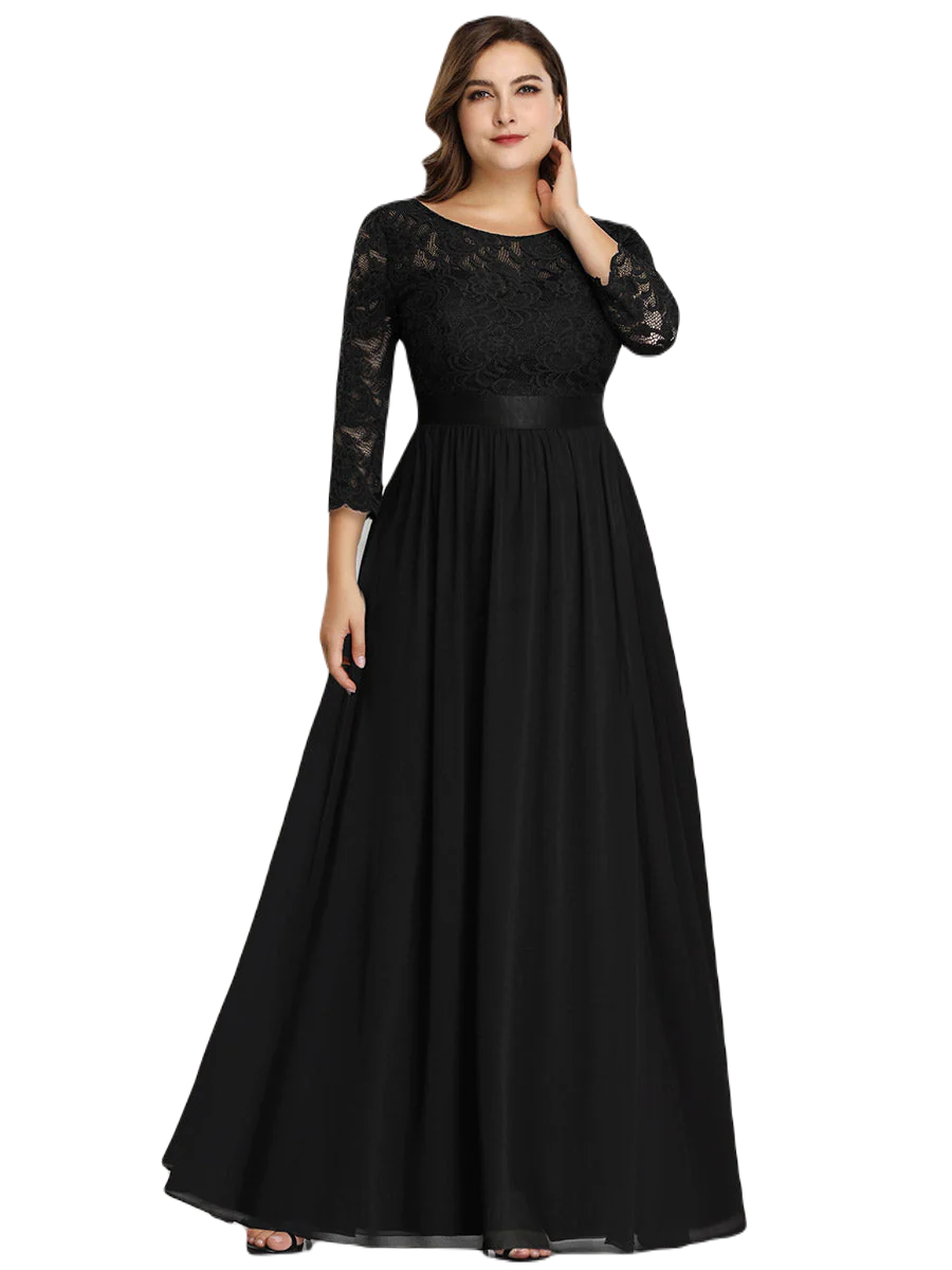 Vestido Elegante de Fiesta Largo Curvy Negro con Encaje Cuello Redondo Manga 3/4 T.Ch y Tallas Extra