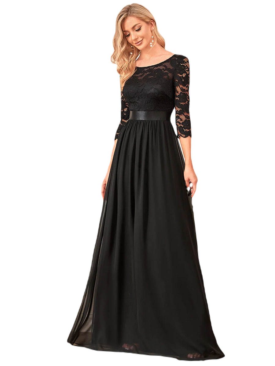 Vestido Elegante de Fiesta Largo Curvy Negro con Encaje Cuello Redondo Manga 3/4 T.Ch y Tallas Extra