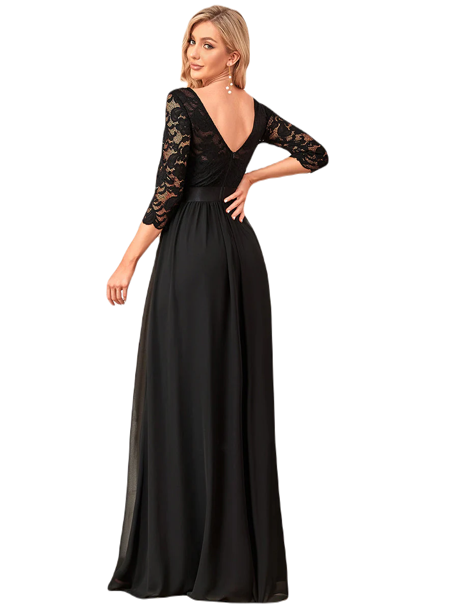 Vestido Elegante de Fiesta Largo Curvy Negro con Encaje Cuello Redondo Manga 3/4 T.Ch y Tallas Extra