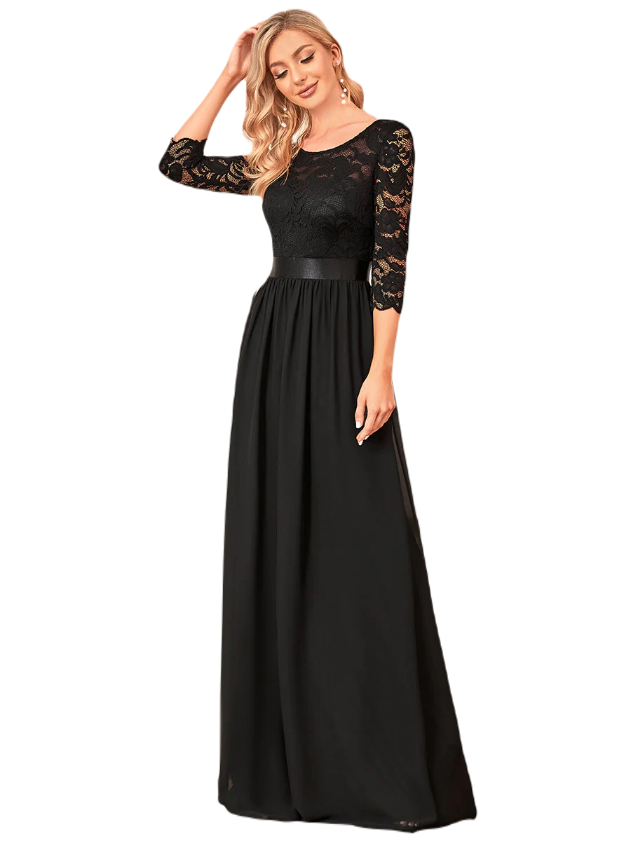 Vestido Elegante de Fiesta Largo Curvy Negro con Encaje Cuello Redondo Manga 3/4 T.Ch y Tallas Extra