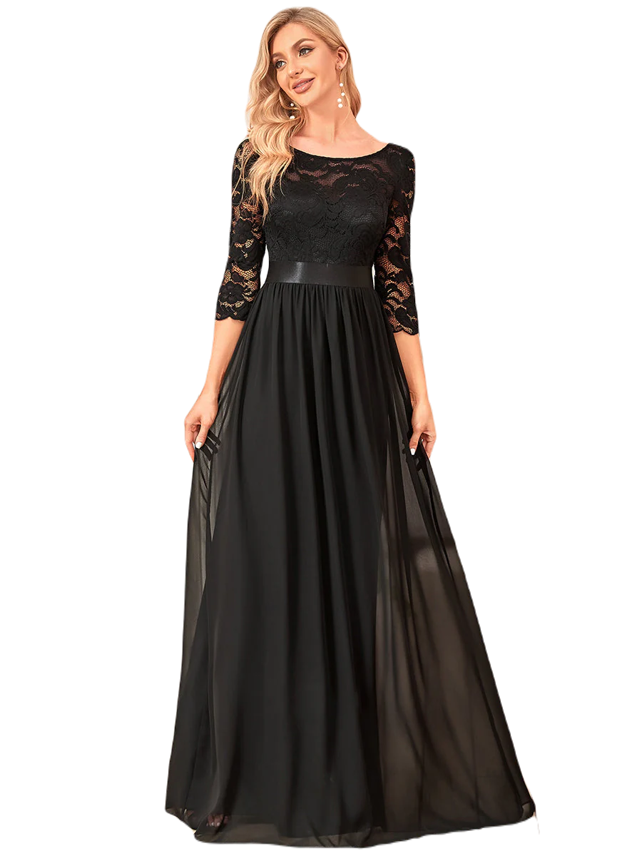 Vestido Elegante de Fiesta Largo Curvy Negro con Encaje Cuello Redondo Manga 3/4 T.Ch y Tallas Extra