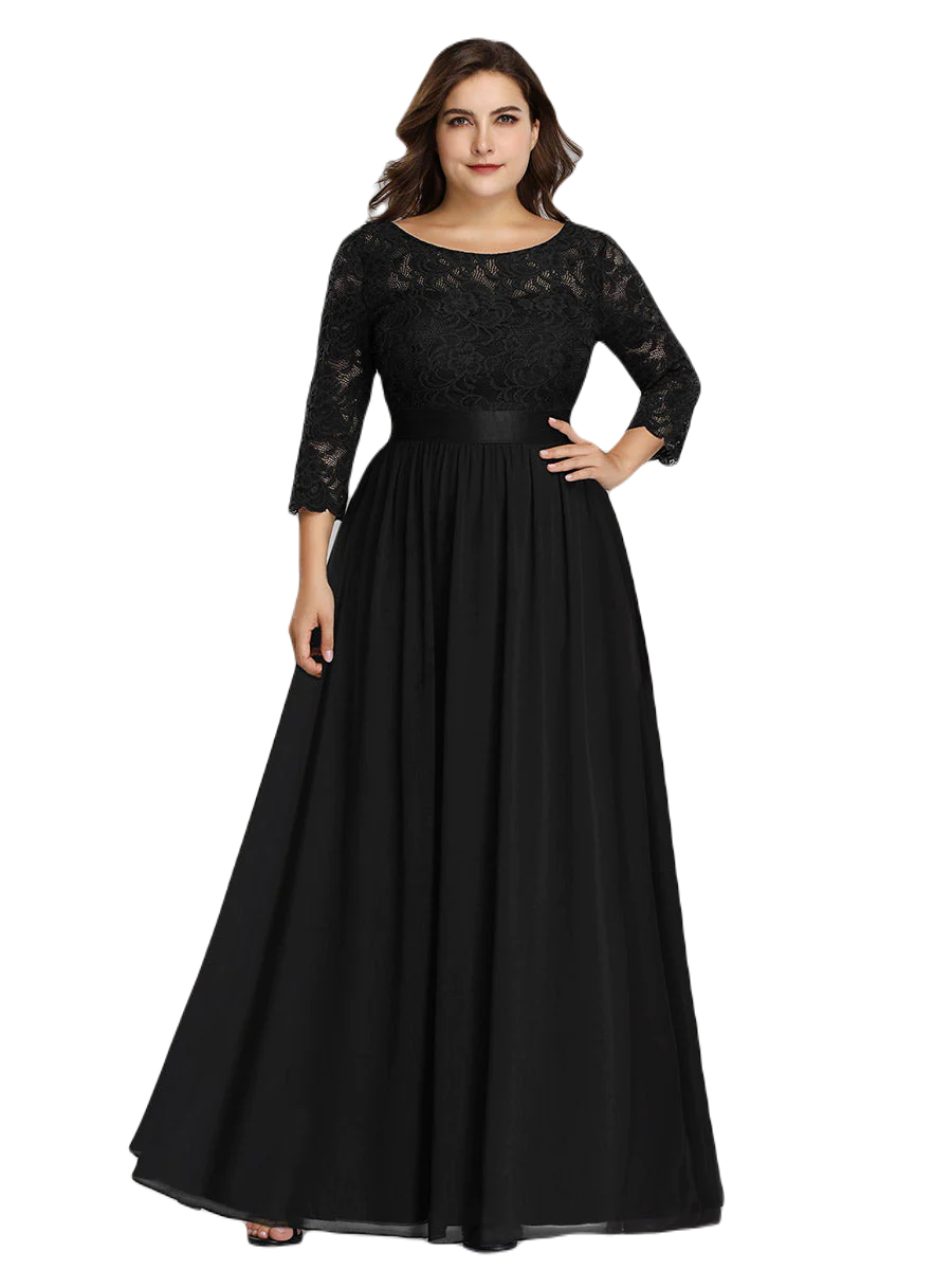 Vestido Elegante de Fiesta Largo Curvy Negro con Encaje Cuello Redondo Manga 3/4 T.Ch y Tallas Extra