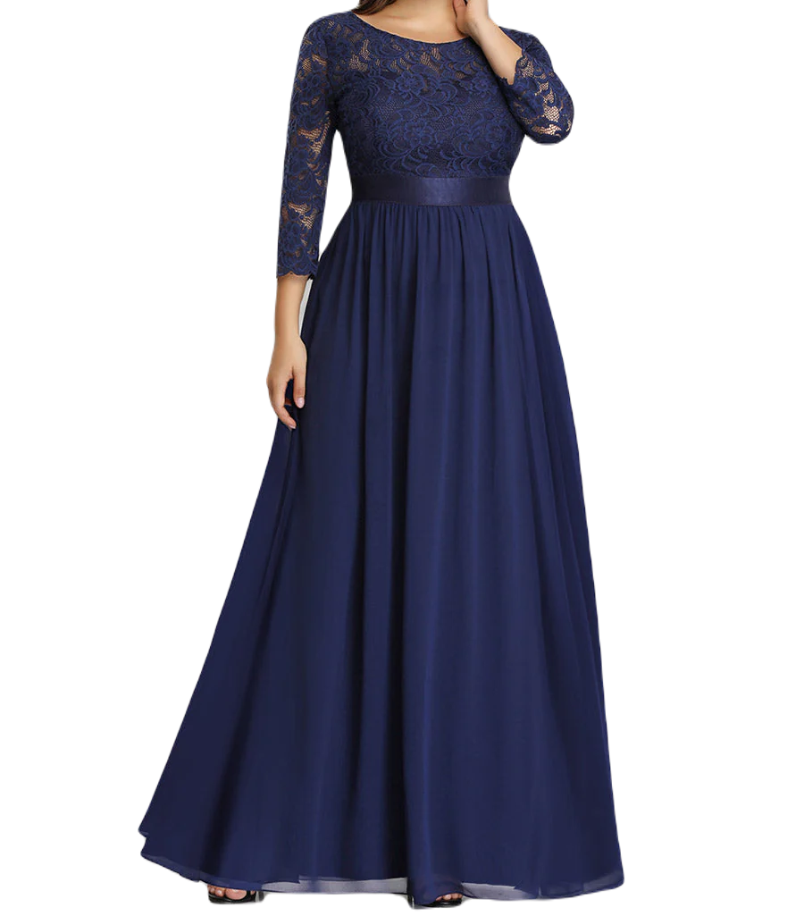 Vestido Elegante de Fiesta Largo Curvy Azul Marino con Encaje Cuello Redondo Manga 3/4 T.Ch y Tallas Extra