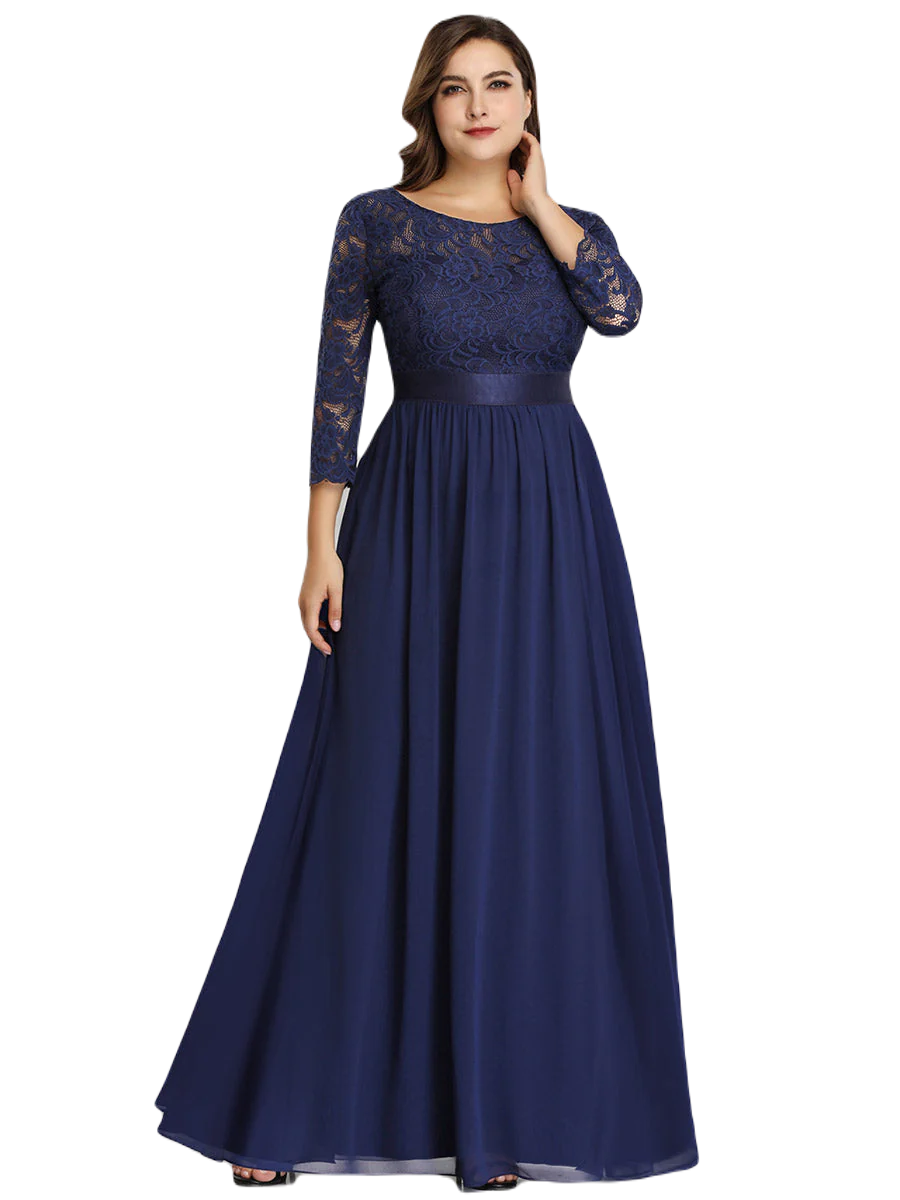 Vestido Elegante de Fiesta Largo Curvy Azul Marino con Encaje Cuello Redondo Manga 3/4 T.Ch y Tallas Extra