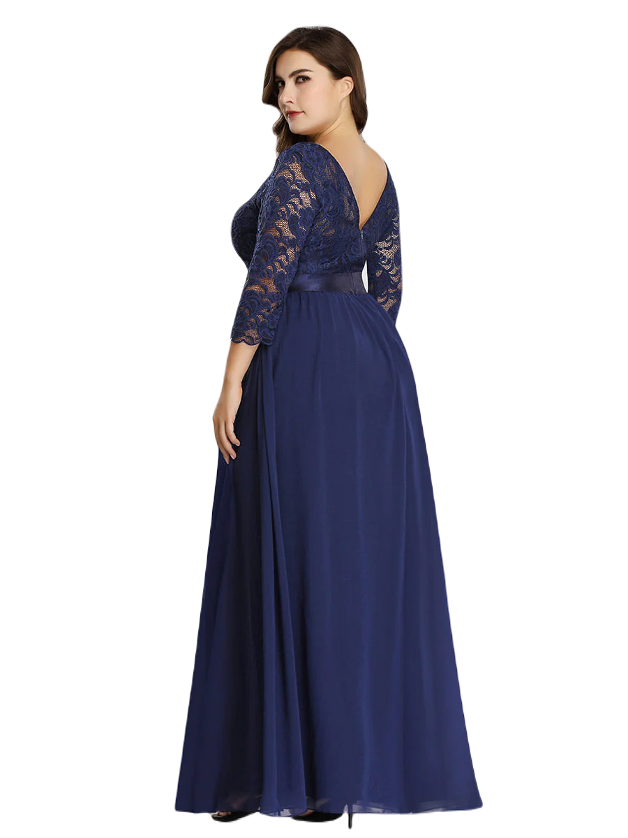 Vestido Elegante de Fiesta Largo Curvy Azul Marino con Encaje