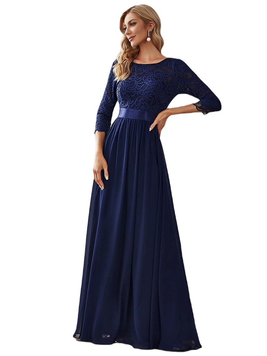 Vestido Elegante de Fiesta Largo Curvy Azul Marino con Encaje Cuello Redondo Manga 3/4 T.Ch y Tallas Extra