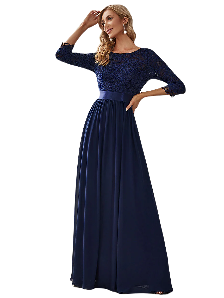 Vestido Elegante de Fiesta Largo Curvy Azul Marino con Encaje Cuello Redondo Manga 3/4 T.Ch y Tallas Extra
