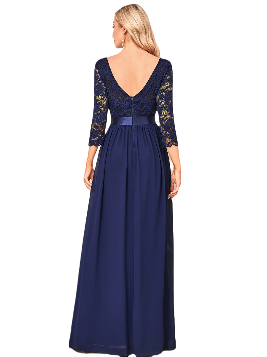 Vestido Elegante de Fiesta Largo Curvy Azul Marino con Encaje Cuello Redondo Manga 3/4 T.Ch y Tallas Extra