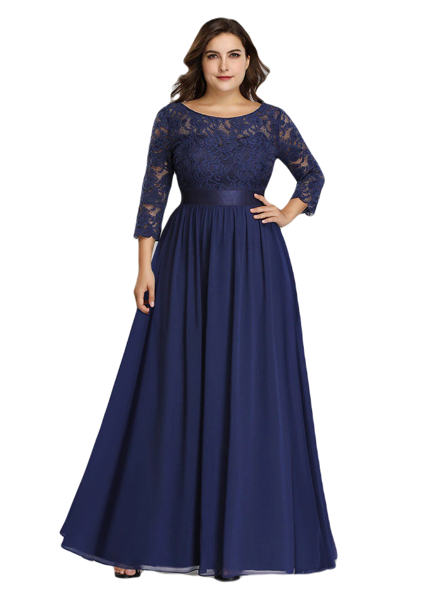 Vestido Elegante de Fiesta Largo Curvy Azul Marino con Encaje Cuello Redondo Manga 3/4 T.Ch y Tallas Extra