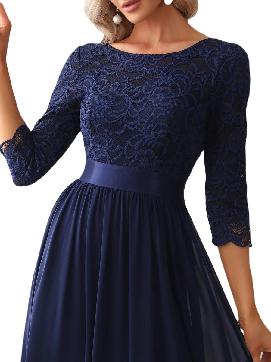 Vestido Elegante de Fiesta Largo Curvy Azul Marino con Encaje Cuello Redondo Manga 3/4 T.Ch y Tallas Extra
