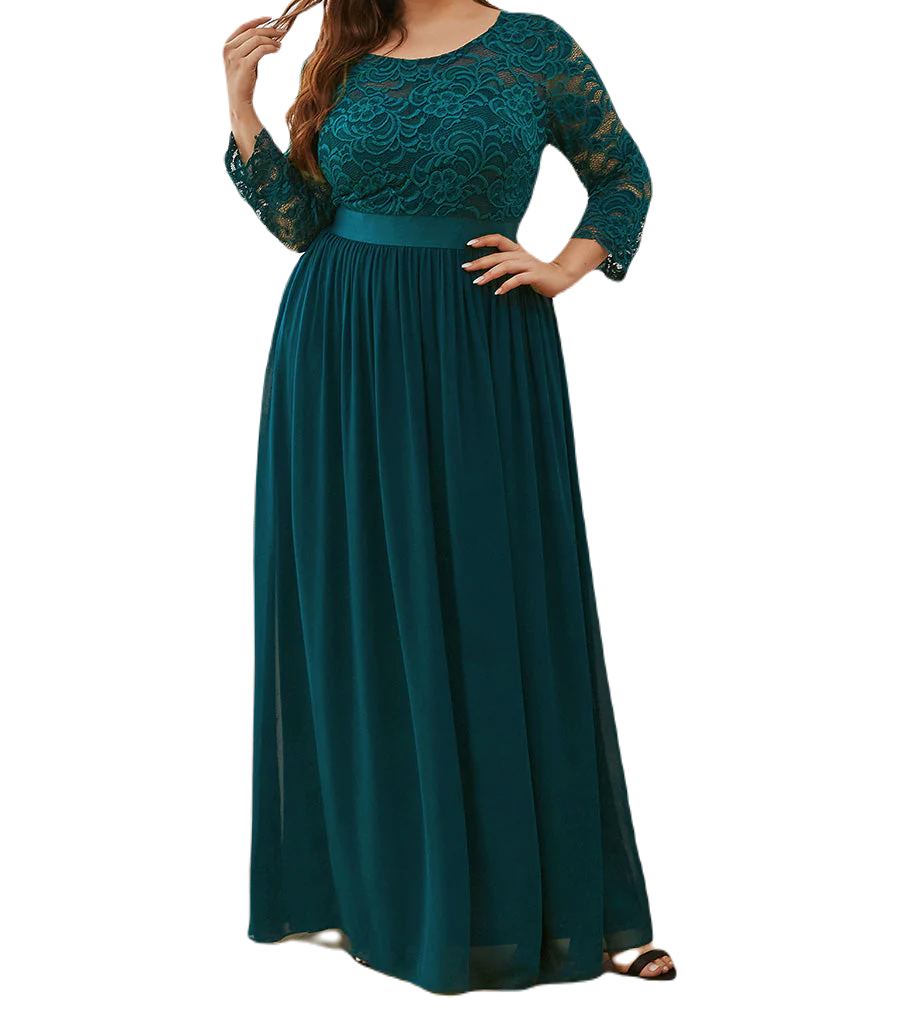 Vestido Elegante de Fiesta Largo Curvy Azul Petroleo con Encaje Cuello Redondo Manga 3/4 T.Ch y Tallas Extra