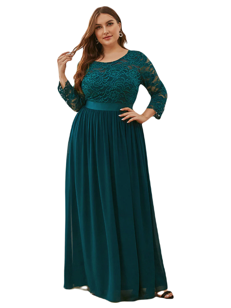 Vestido Elegante de Fiesta Largo Curvy Azul Petroleo con Encaje Cuello Redondo Manga 3/4 T.Ch y Tallas Extra