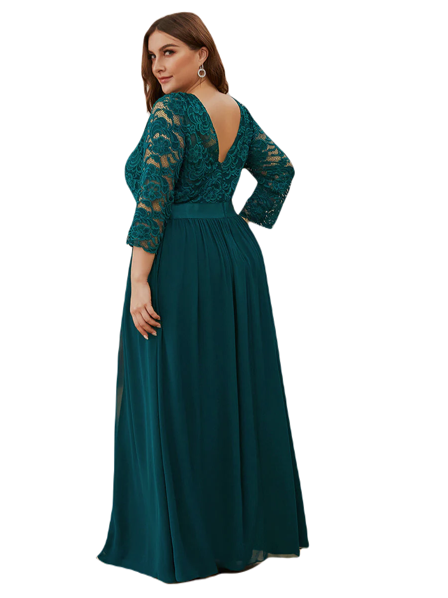 Vestido Elegante de Fiesta Largo Curvy Azul Petroleo con Encaje