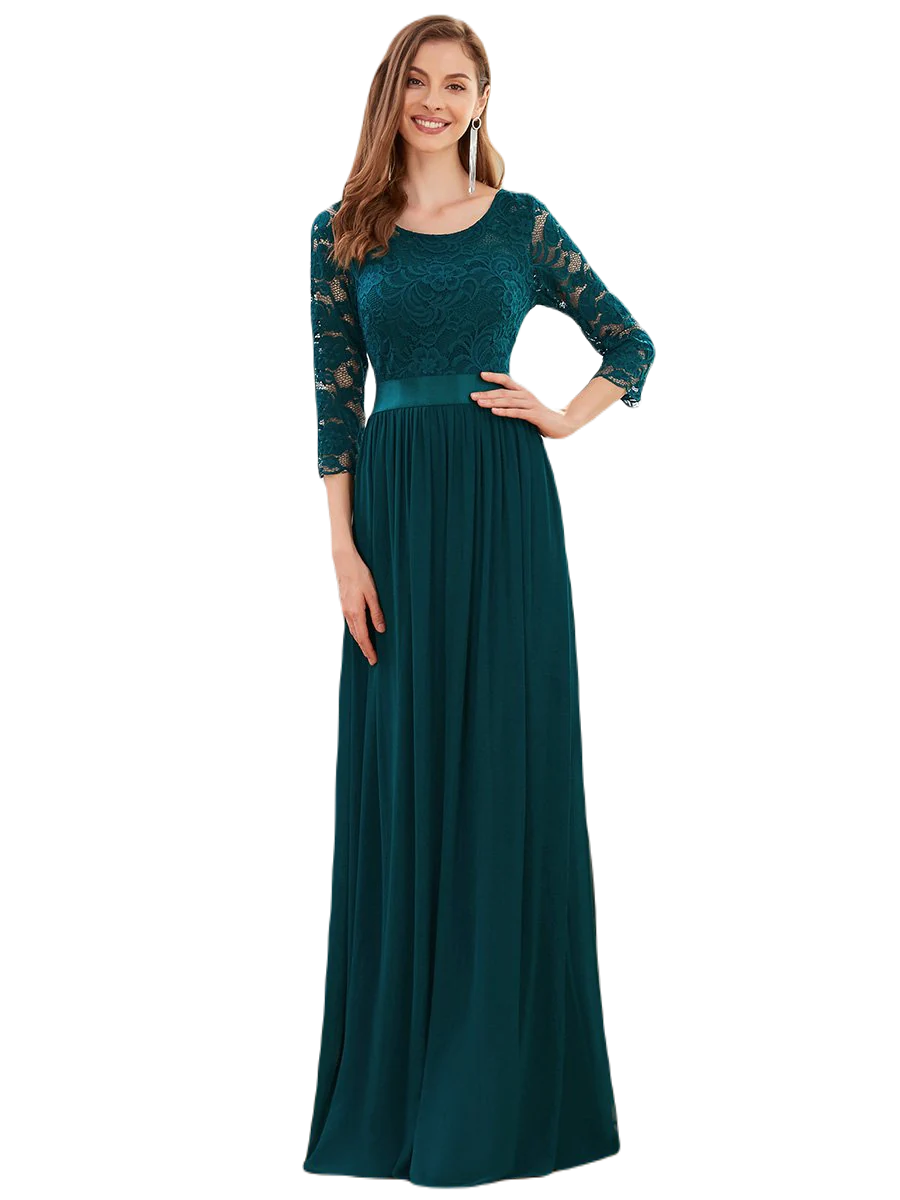 Vestido Elegante de Fiesta Largo Curvy Azul Petroleo con Encaje Cuello Redondo Manga 3/4 T.Ch y Tallas Extra