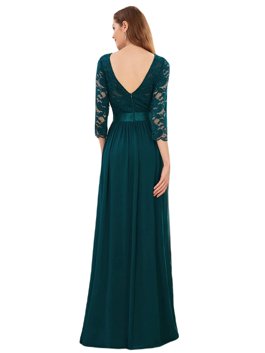 Vestido Elegante de Fiesta Largo Curvy Azul Petroleo con Encaje Cuello Redondo Manga 3/4 T.Ch y Tallas Extra