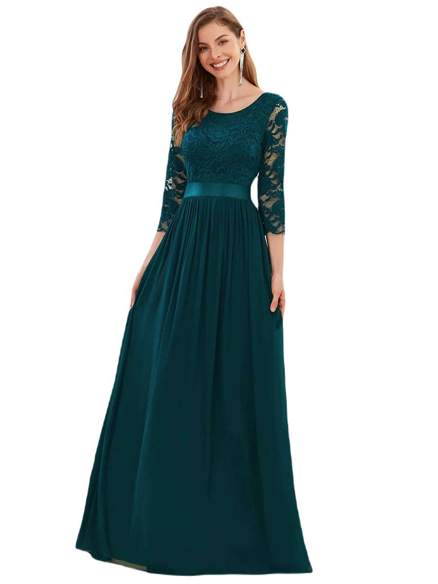 Vestido Elegante de Fiesta Largo Curvy Azul Petroleo con Encaje Cuello Redondo Manga 3/4 T.Ch y Tallas Extra