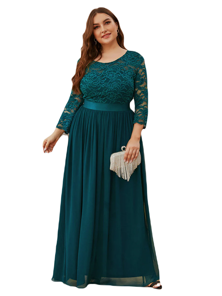 Vestido Elegante de Fiesta Largo Curvy Azul Petroleo con Encaje Cuello Redondo Manga 3/4 T.Ch y Tallas Extra
