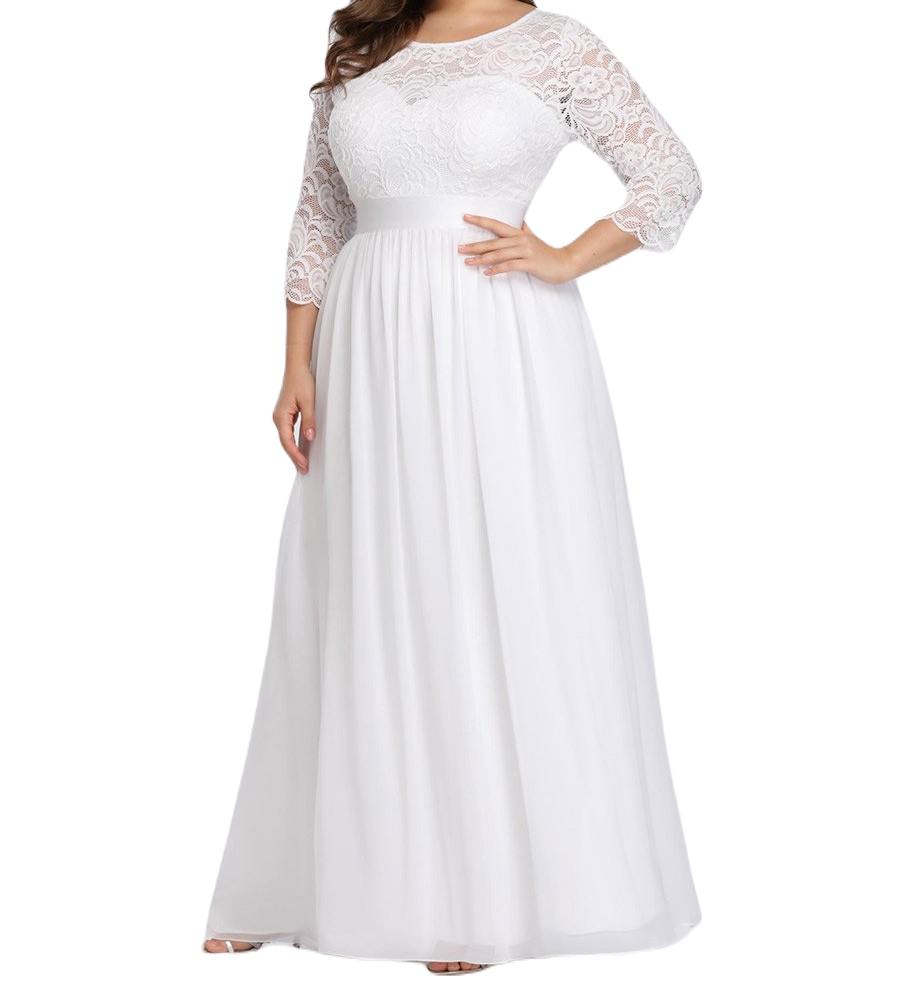 Vestido Elegante de Fiesta Largo Curvy Blanco Novia Boda con Encaje Cuello Redondo Manga 3/4 T.Ch y Tallas Extra