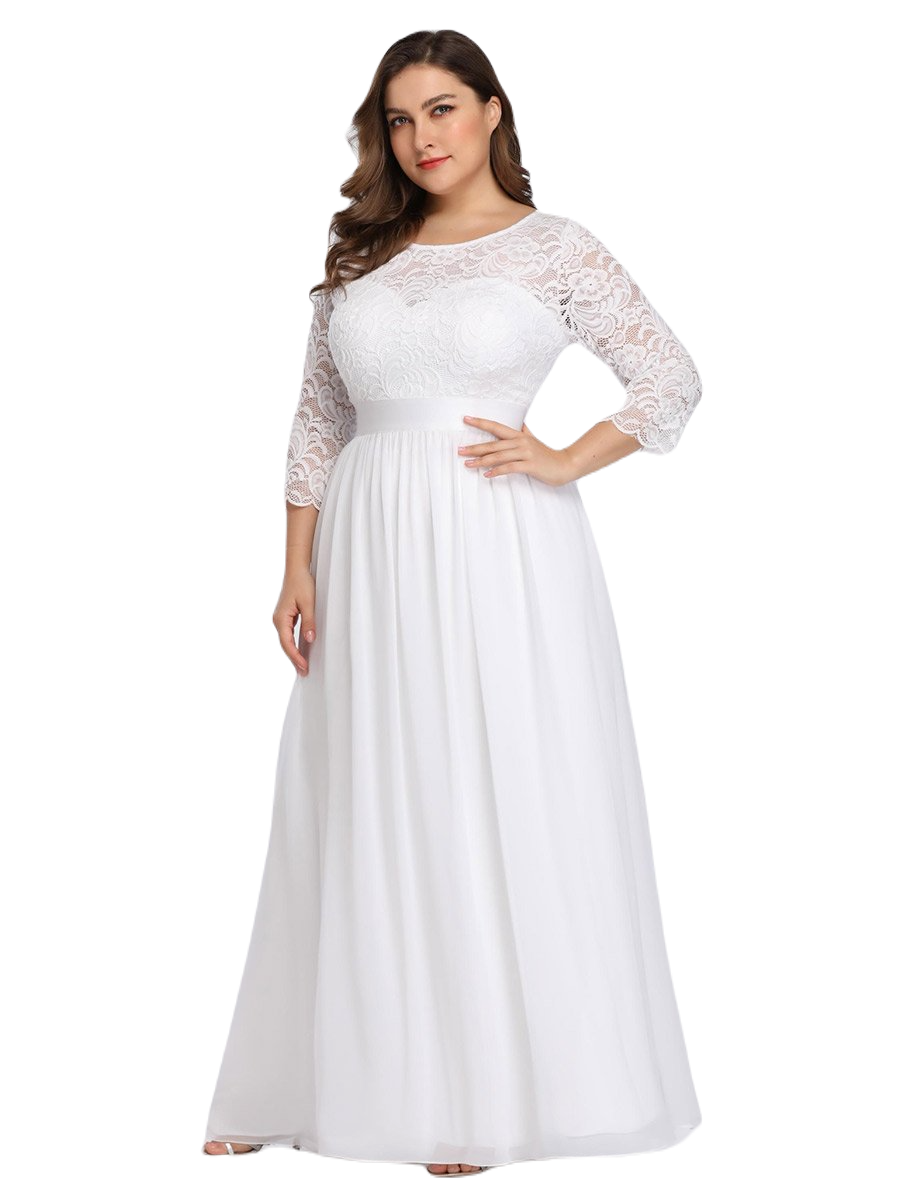 Vestido Elegante de Fiesta Largo Curvy Blanco Novia Boda con Encaje Cuello Redondo Manga 3/4 T.Ch y Tallas Extra