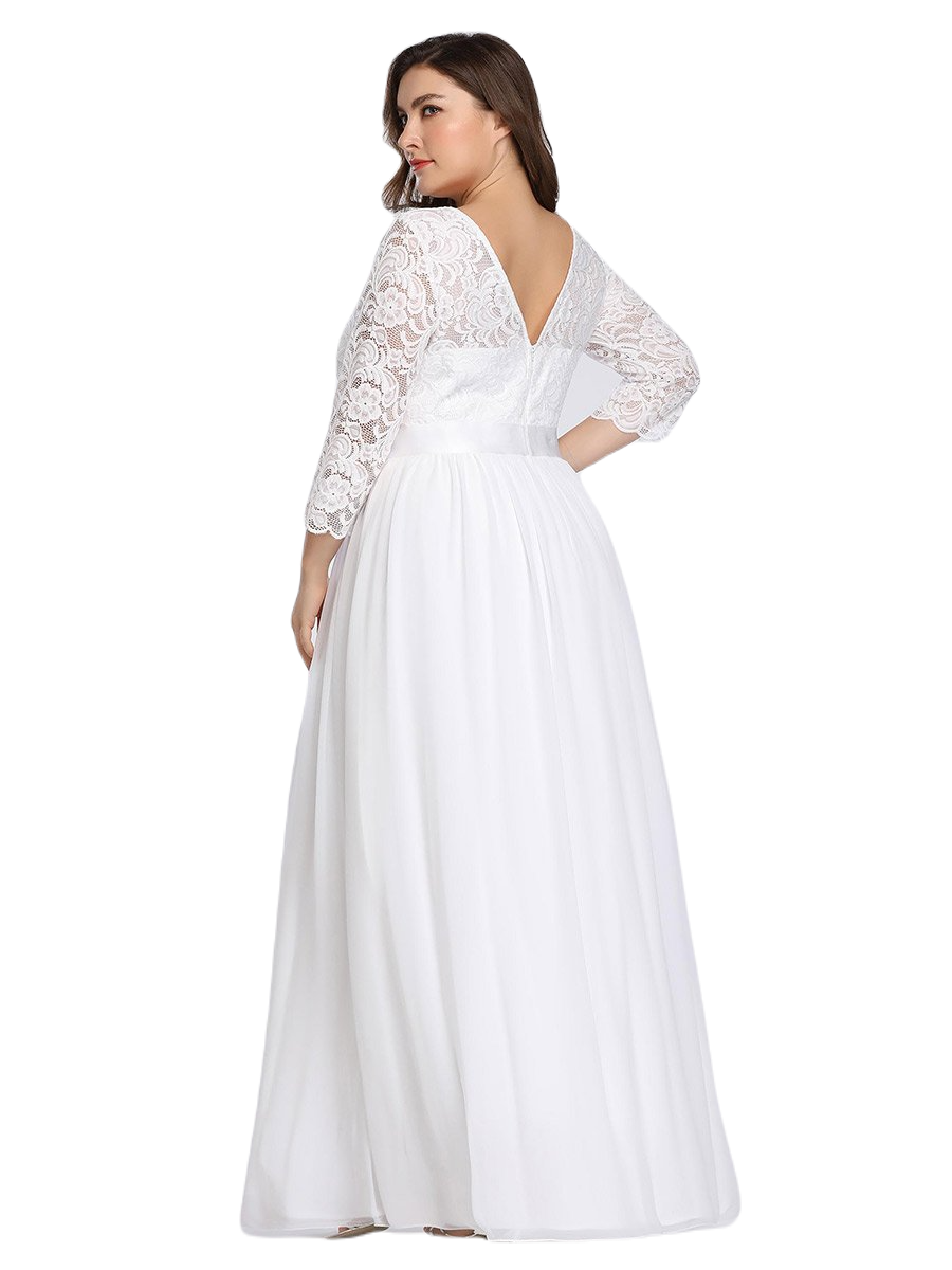 Vestido Elegante de Fiesta Largo Curvy Blanco Novia Boda con Encaje Cuello Redondo Manga 3/4 T.Ch y Tallas Extra