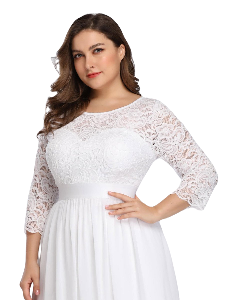 Vestido Elegante de Fiesta Largo Curvy Blanco Novia Boda con Encaje Cuello Redondo Manga 3/4 T.Ch y Tallas Extra
