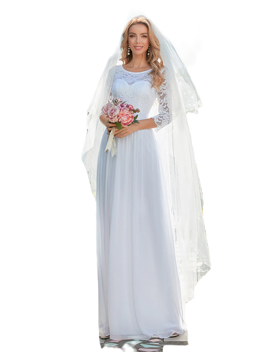 Vestido Elegante de Fiesta Largo Curvy Blanco Novia Boda con Encaje Cuello Redondo Manga 3/4 T.Ch y Tallas Extra