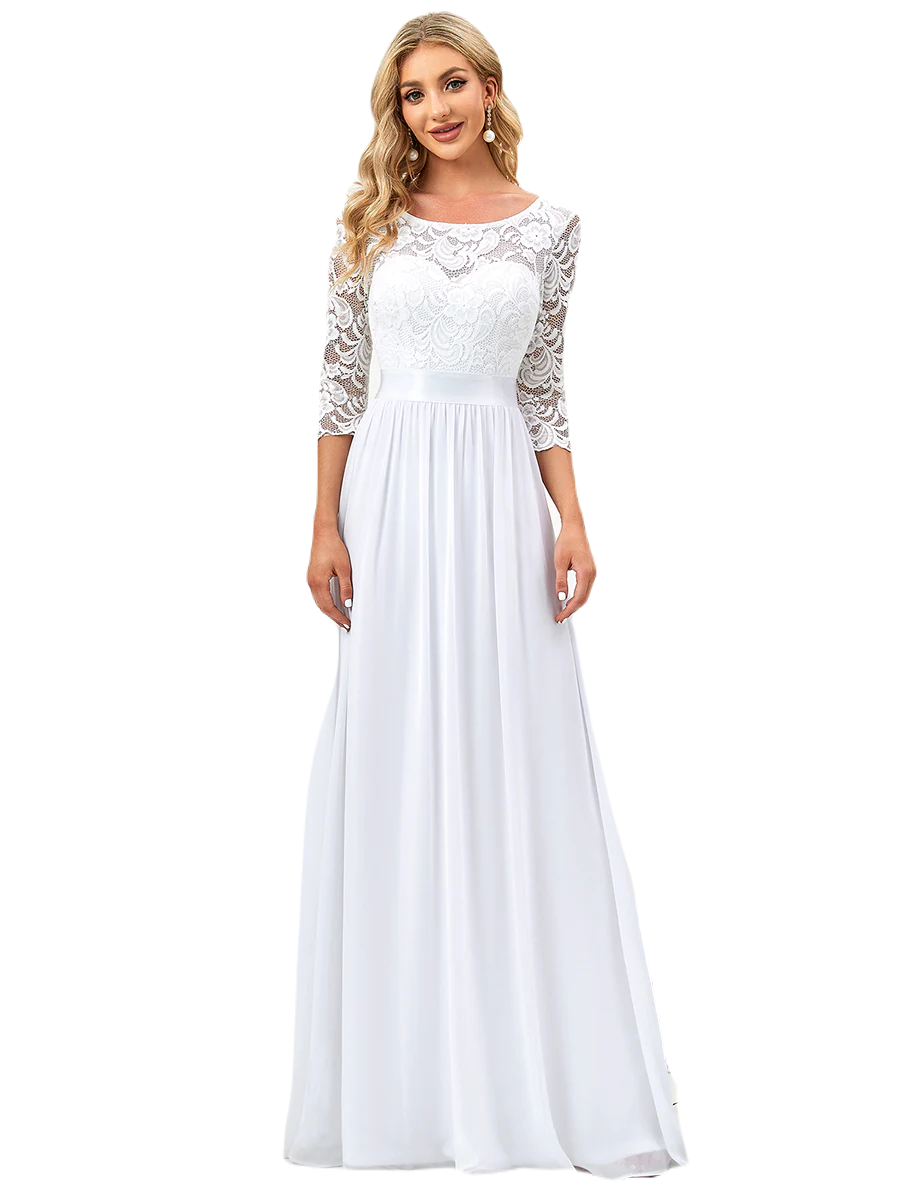 Vestido Elegante de Fiesta Largo Curvy Blanco Novia Boda con Encaje Cuello Redondo Manga 3/4 T.Ch y Tallas Extra