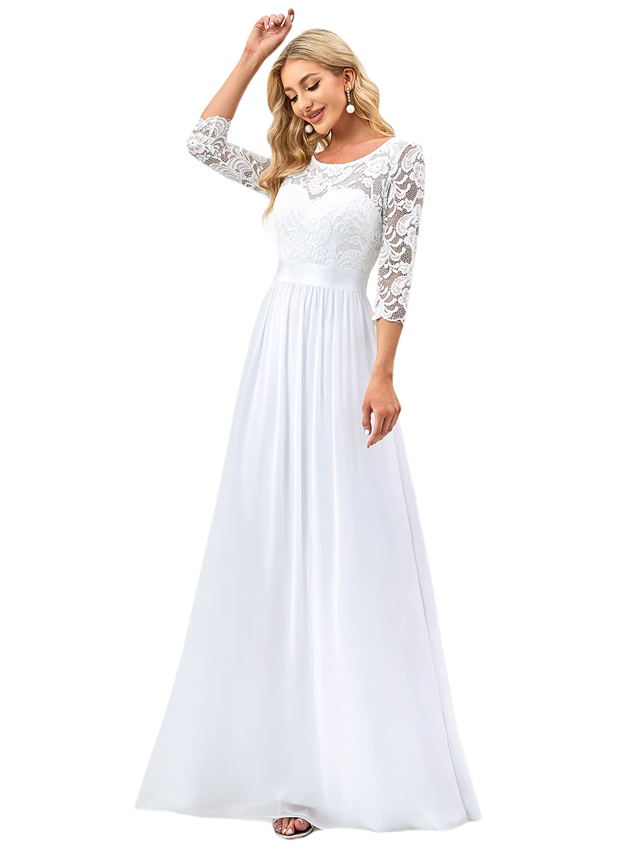 Vestido Elegante de Fiesta Largo Curvy Blanco Novia Boda con Encaje Cuello Redondo Manga 3/4 T.Ch y Tallas Extra