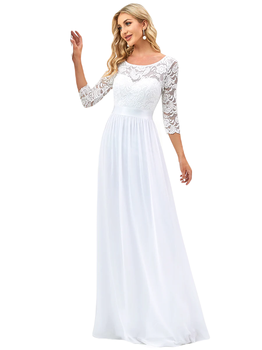 Vestido Elegante de Fiesta Largo Curvy Blanco Novia Boda con Encaje Cuello Redondo Manga 3/4 T.Ch y Tallas Extra