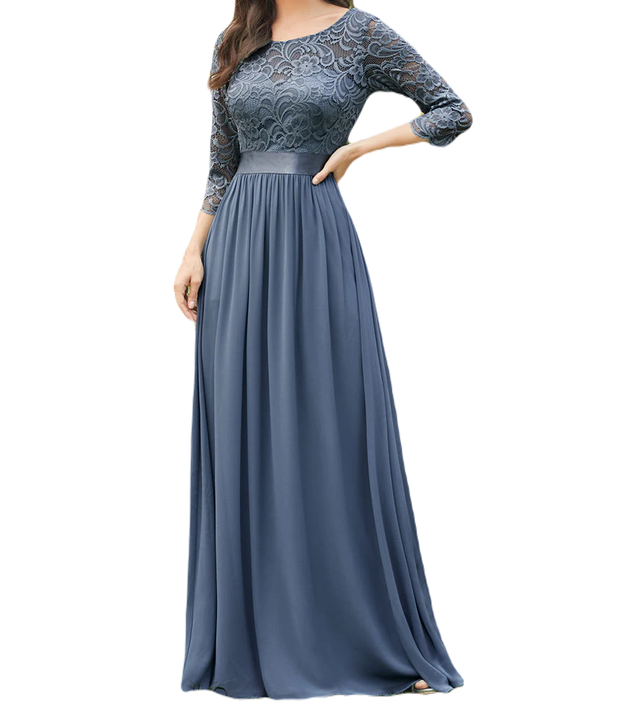 Vestido Elegante de Fiesta Largo Curvy Azul Acero con Encaje Cuello Redondo Manga 3/4 T.Ch y Tallas Extra