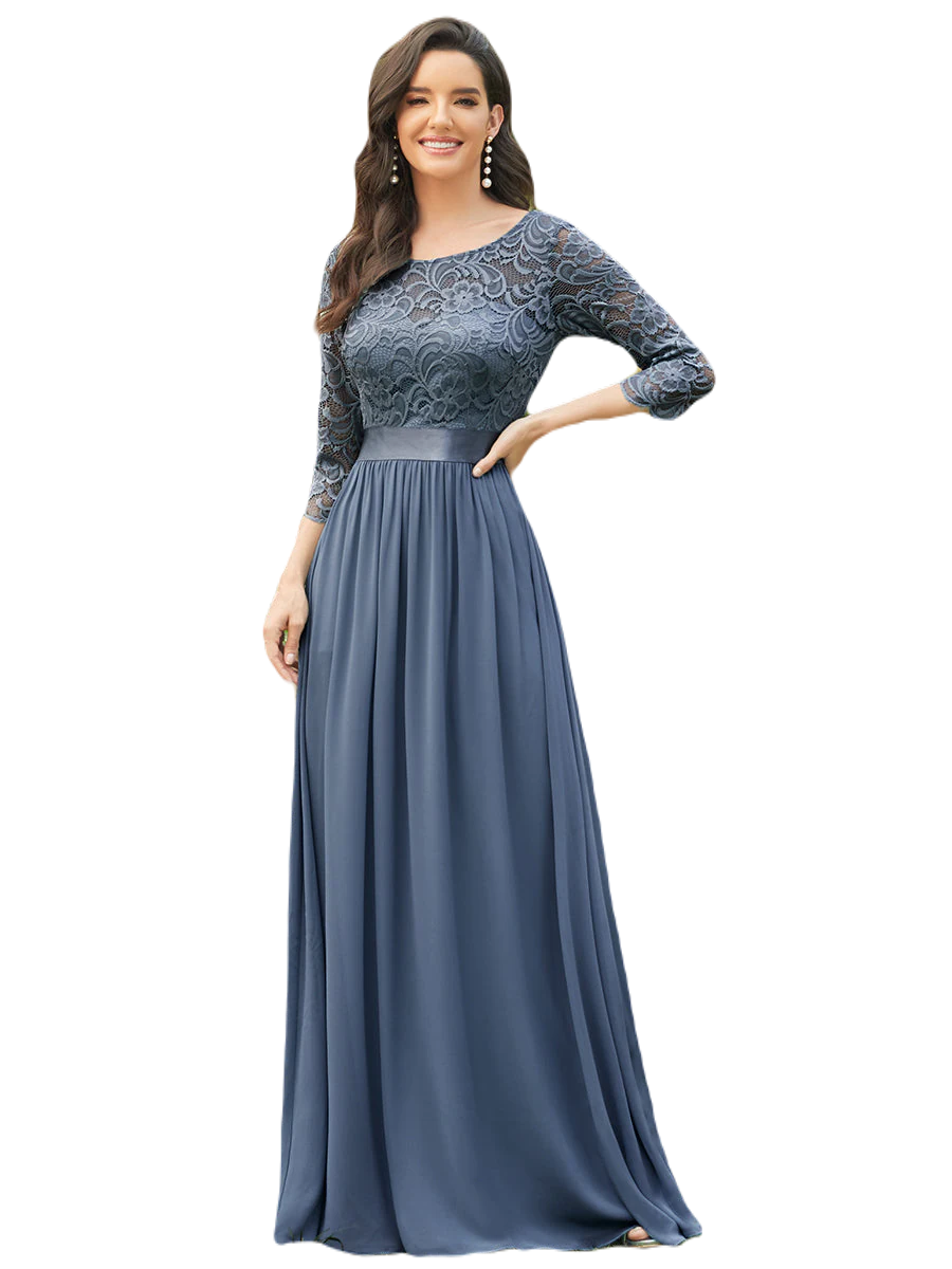Vestido Elegante de Fiesta Largo Curvy Azul Acero con Encaje Cuello Redondo Manga 3/4 T.Ch y Tallas Extra