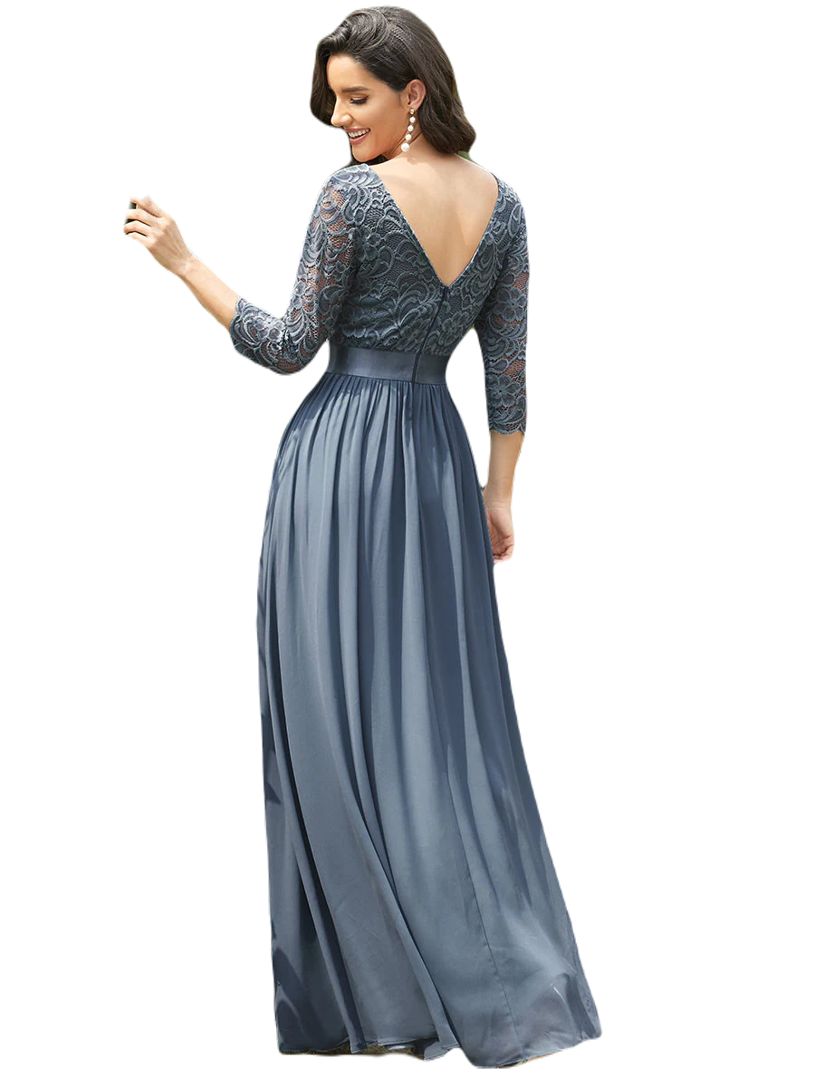 Vestido Elegante de Fiesta Largo Curvy Azul Acero con Encaje Cuello Redondo Manga 3/4 T.Ch y Tallas Extra