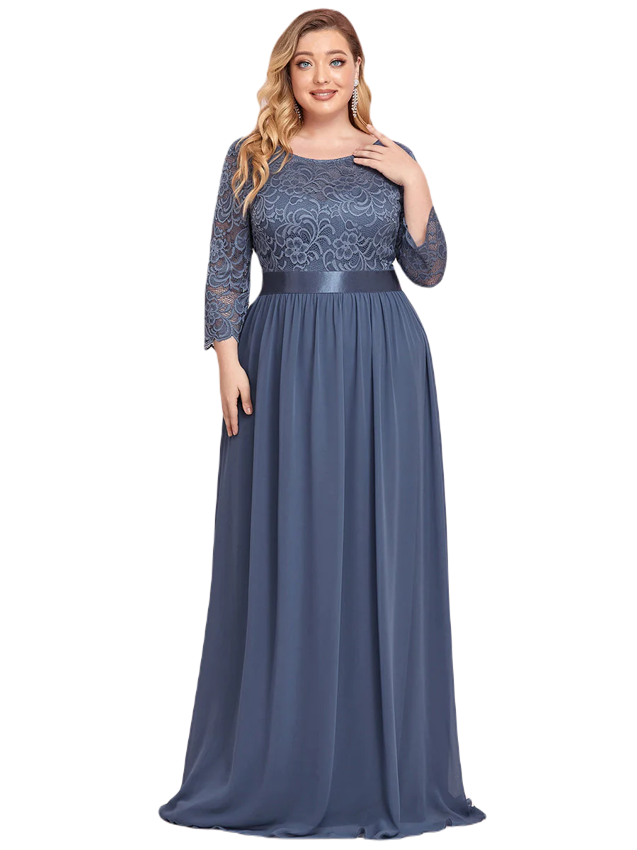 Vestido Elegante de Fiesta Largo Curvy Azul Acero con Encaje Cuello Redondo Manga 3/4 T.Ch y Tallas Extra