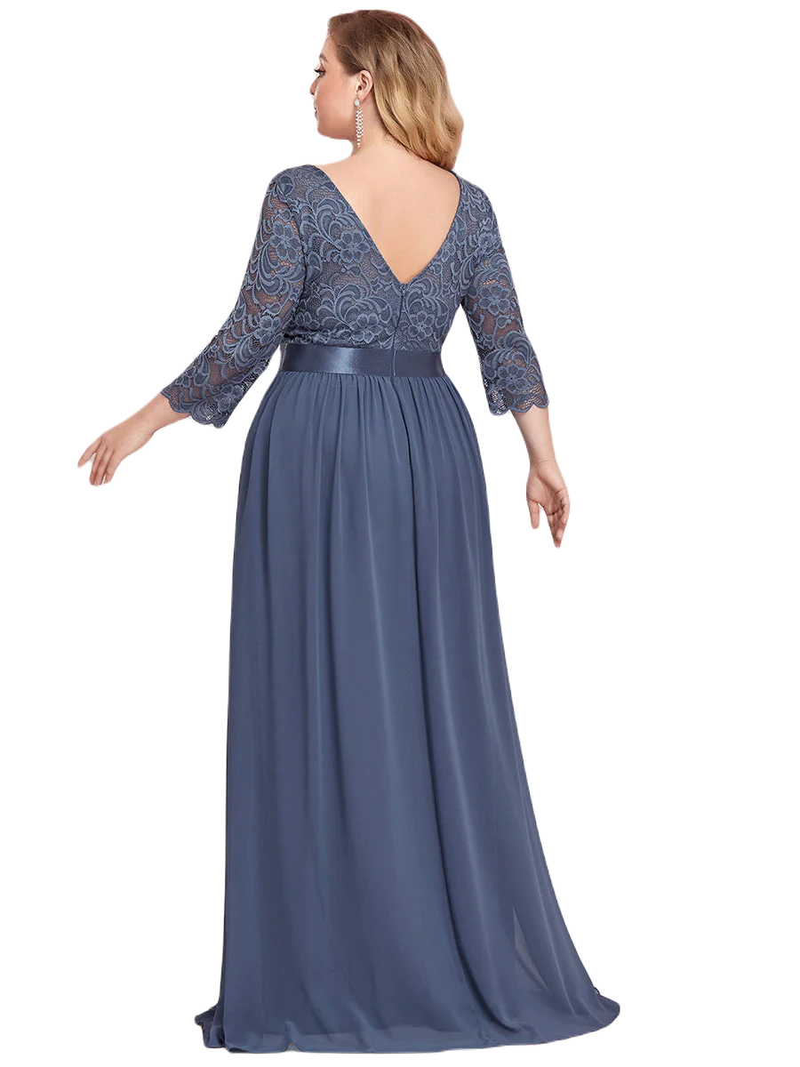 Vestido Elegante de Fiesta Largo Curvy Azul Acero con Encaje Cuello Redondo Manga 3/4 T.Ch y Tallas Extra