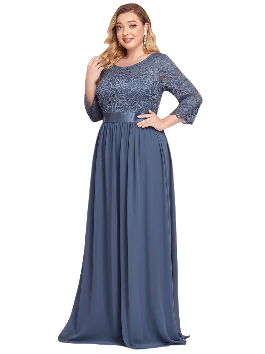 Vestido Elegante de Fiesta Largo Curvy Azul Acero con Encaje Cuello Redondo Manga 3/4 T.Ch y Tallas Extra