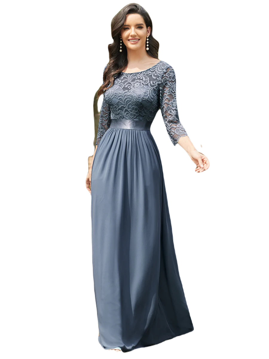 Vestido Elegante de Fiesta Largo Curvy Azul Acero con Encaje Cuello Redondo Manga 3/4 T.Ch y Tallas Extra