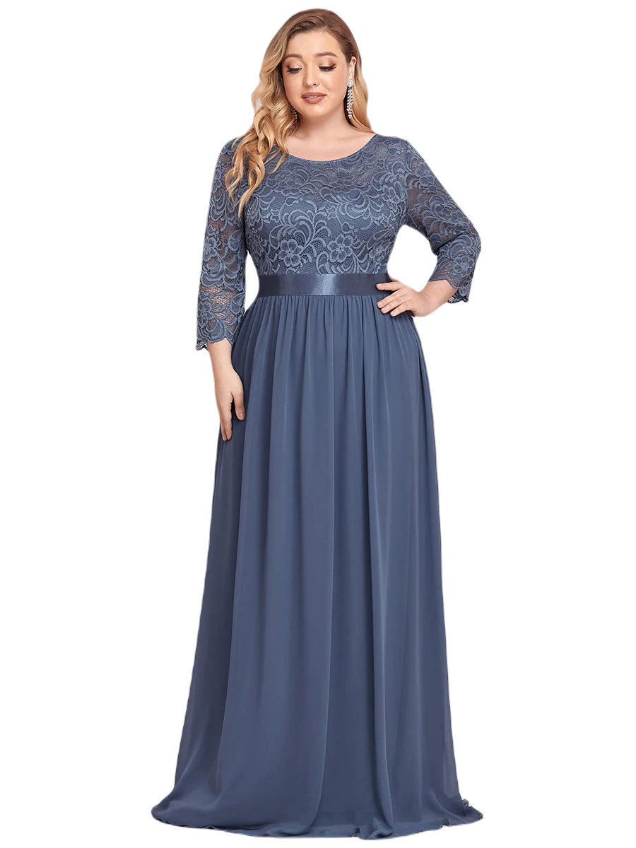 Vestido Elegante de Fiesta Largo Curvy Azul Acero con Encaje Cuello Redondo Manga 3/4 T.Ch y Tallas Extra