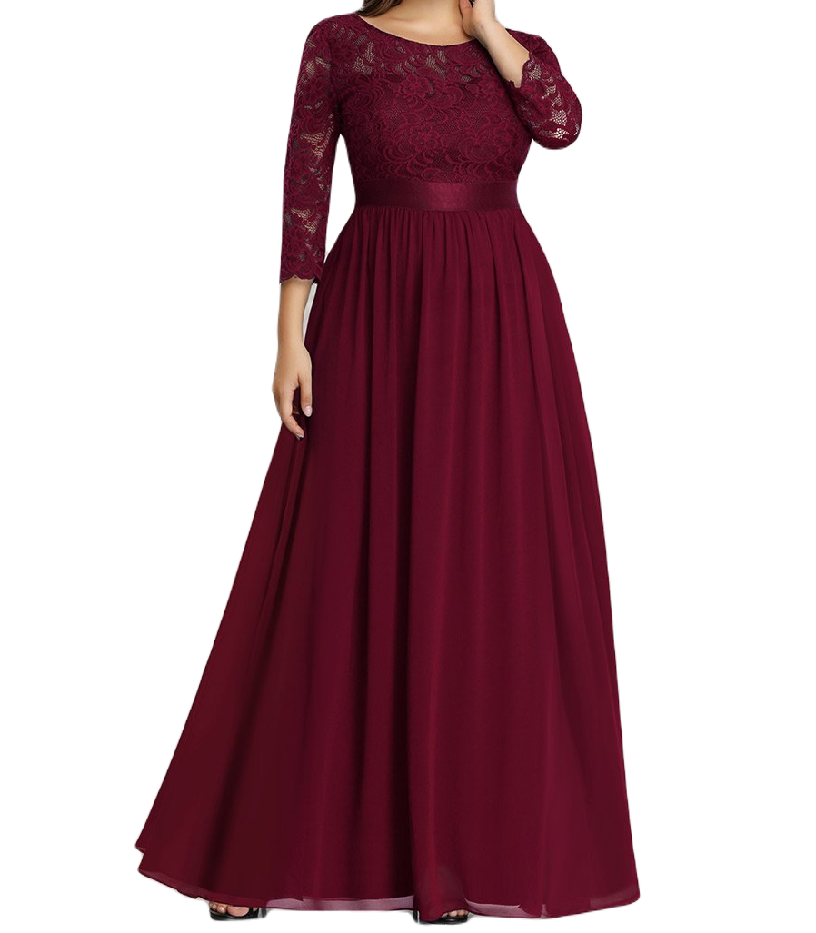 Vestido Elegante de Fiesta Largo Curvy Guinda Vino con Encaje Cuello Redondo Manga 3/4 T.Ch y Tallas Extra