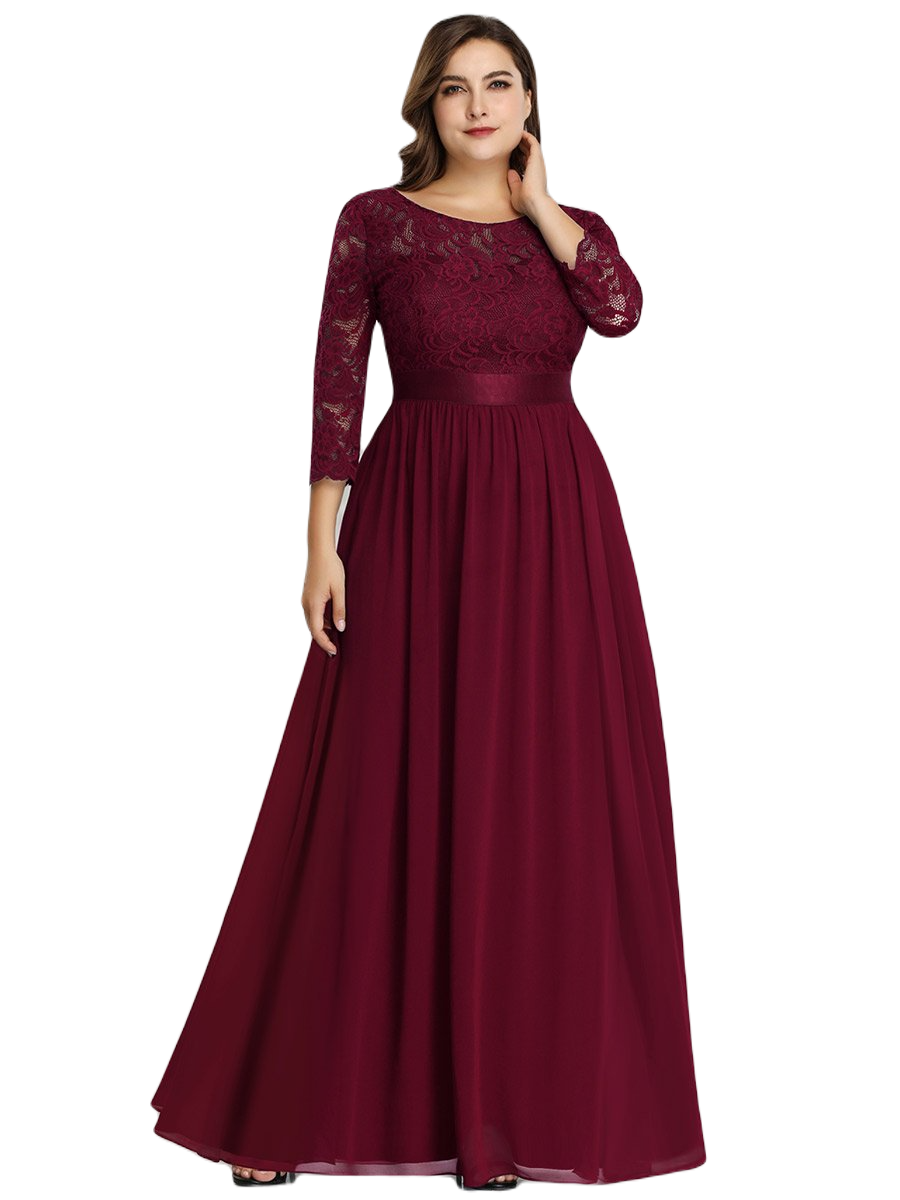 Vestido Elegante de Fiesta Largo Curvy Guinda Vino con Encaje Cuello Redondo Manga 3/4 T.Ch y Tallas Extra