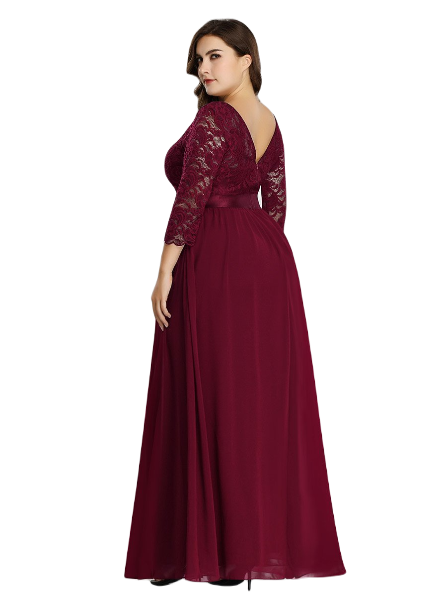 Vestido Elegante de Fiesta Largo Curvy Guinda Vino con Encaje Cuello Redondo Manga 3/4 T.Ch y Tallas Extra
