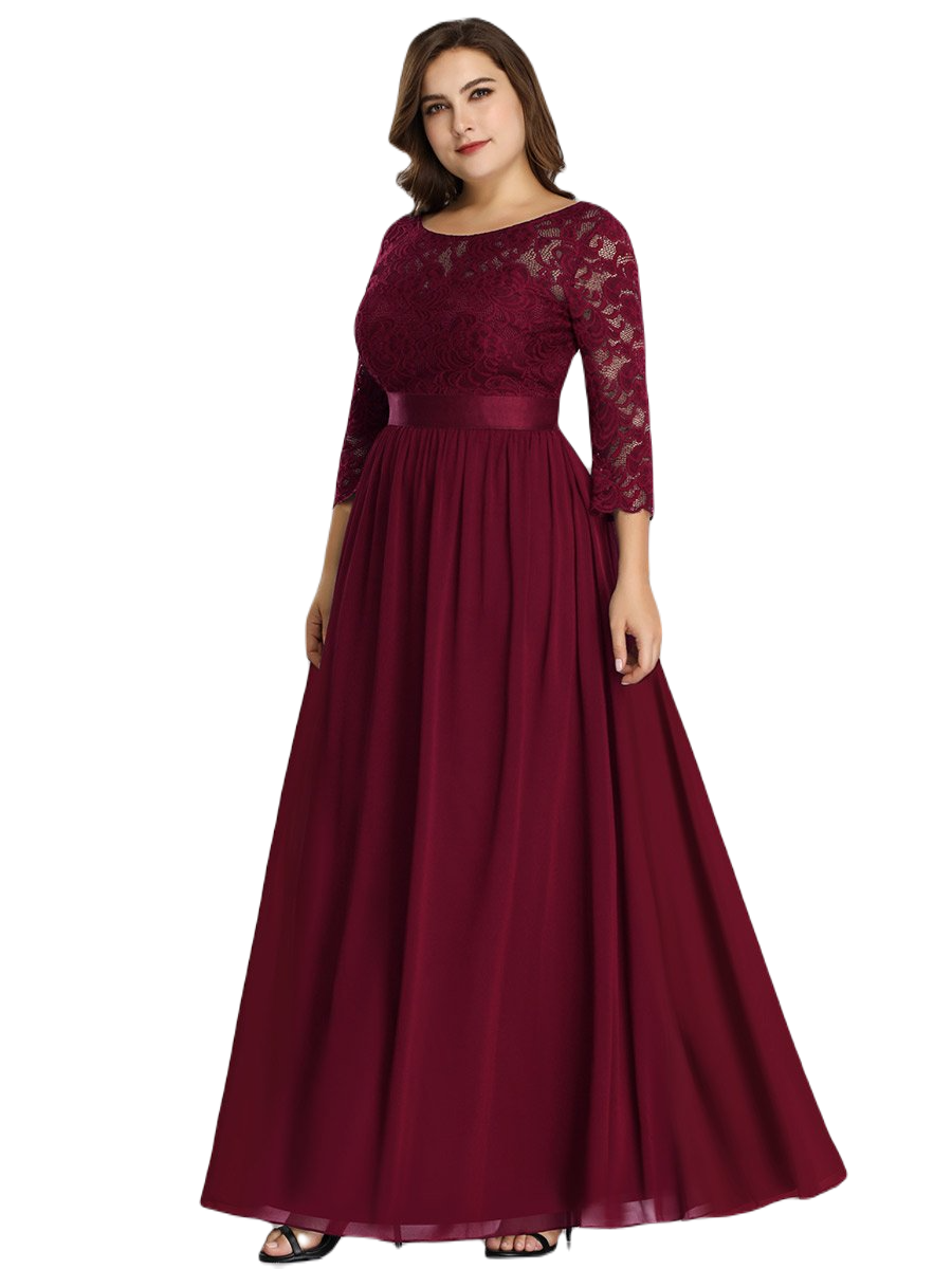 Vestido Elegante de Fiesta Largo Curvy Guinda Vino con Encaje Cuello Redondo Manga 3/4 T.Ch y Tallas Extra