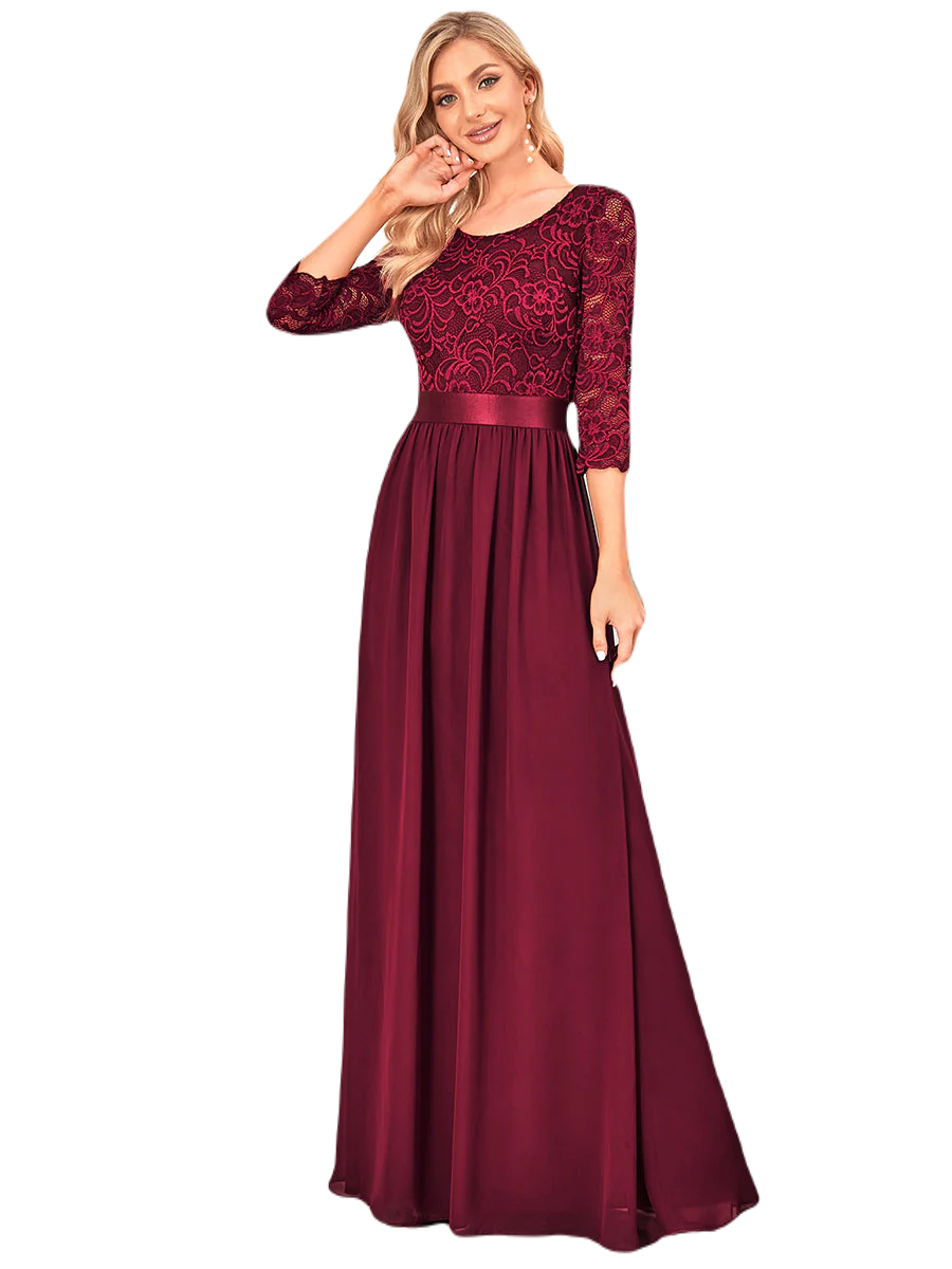 Vestido Elegante de Fiesta Largo Curvy Guinda Vino con Encaje Cuello Redondo Manga 3/4 T.Ch y Tallas Extra
