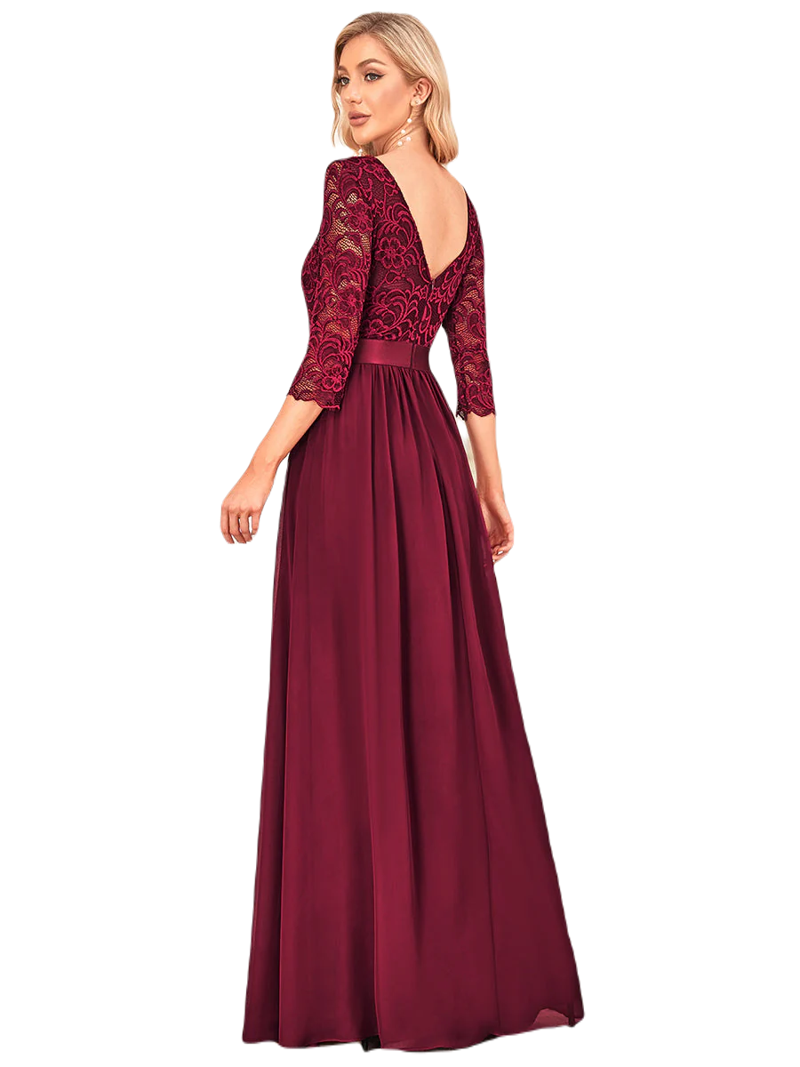 Vestido Elegante de Fiesta Largo Curvy Guinda Vino con Encaje Cuello Redondo Manga 3/4 T.Ch y Tallas Extra