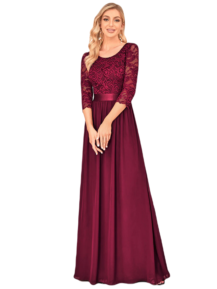 Vestido Elegante de Fiesta Largo Curvy Guinda Vino con Encaje Cuello Redondo Manga 3/4 T.Ch y Tallas Extra