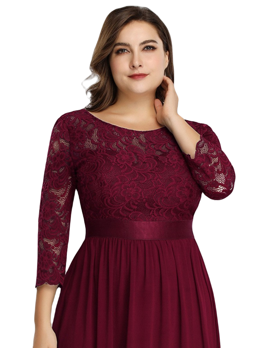 Vestido Elegante de Fiesta Largo Curvy Guinda Vino con Encaje Cuello Redondo Manga 3/4 T.Ch y Tallas Extra
