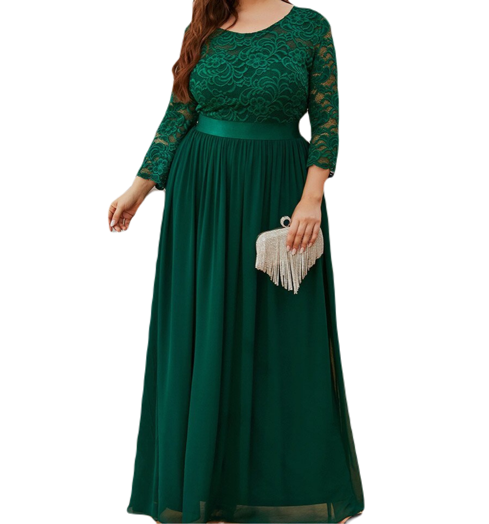 Vestido Elegante de Fiesta Largo Curvy Verde Esmeralda con Encaje Cuello Redondo Manga 3/4 T.Ch y Tallas Extra
