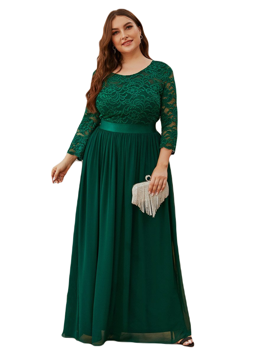Vestido Elegante de Fiesta Largo Curvy Verde Esmeralda con Encaje Cuello Redondo Manga 3/4 T.Ch y Tallas Extra