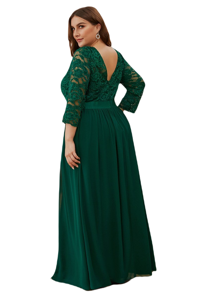 Vestido Elegante de Fiesta Largo Curvy Verde Esmeralda con Encaje Cuello Redondo Manga 3/4 T.Ch y Tallas Extra