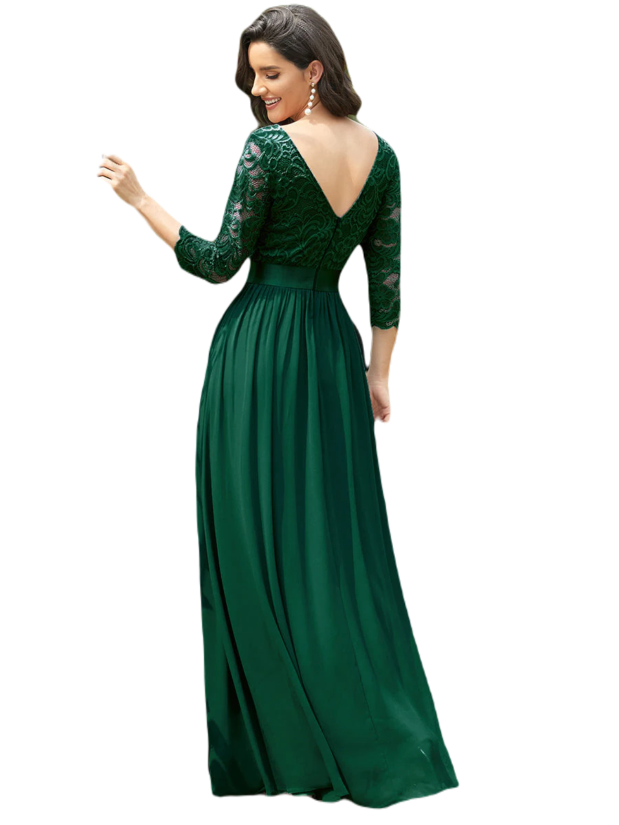 Vestido Elegante de Fiesta Largo Curvy Verde Esmeralda con Encaje Cuello Redondo Manga 3/4 T.Ch y Tallas Extra